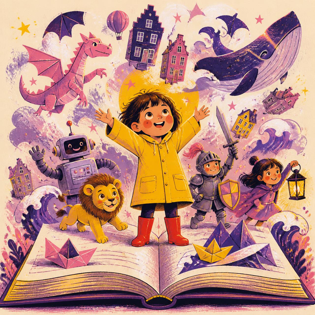 An astronaut child, a robot, a lion, a koala, a knight, a girl with a lantern and a dragon leaping out of an open picture book